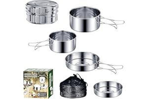 Logei Camping Kochgeschirr Set，Camping Geschirr Set 304 Edelstahl Kochtopf mit Pfanne Outdoor Kochgeschirr Tragbar，Faltbare Besteck Outdoor Topfset Stapelbar Picknick Topf für Wandern Picknick,Reisen