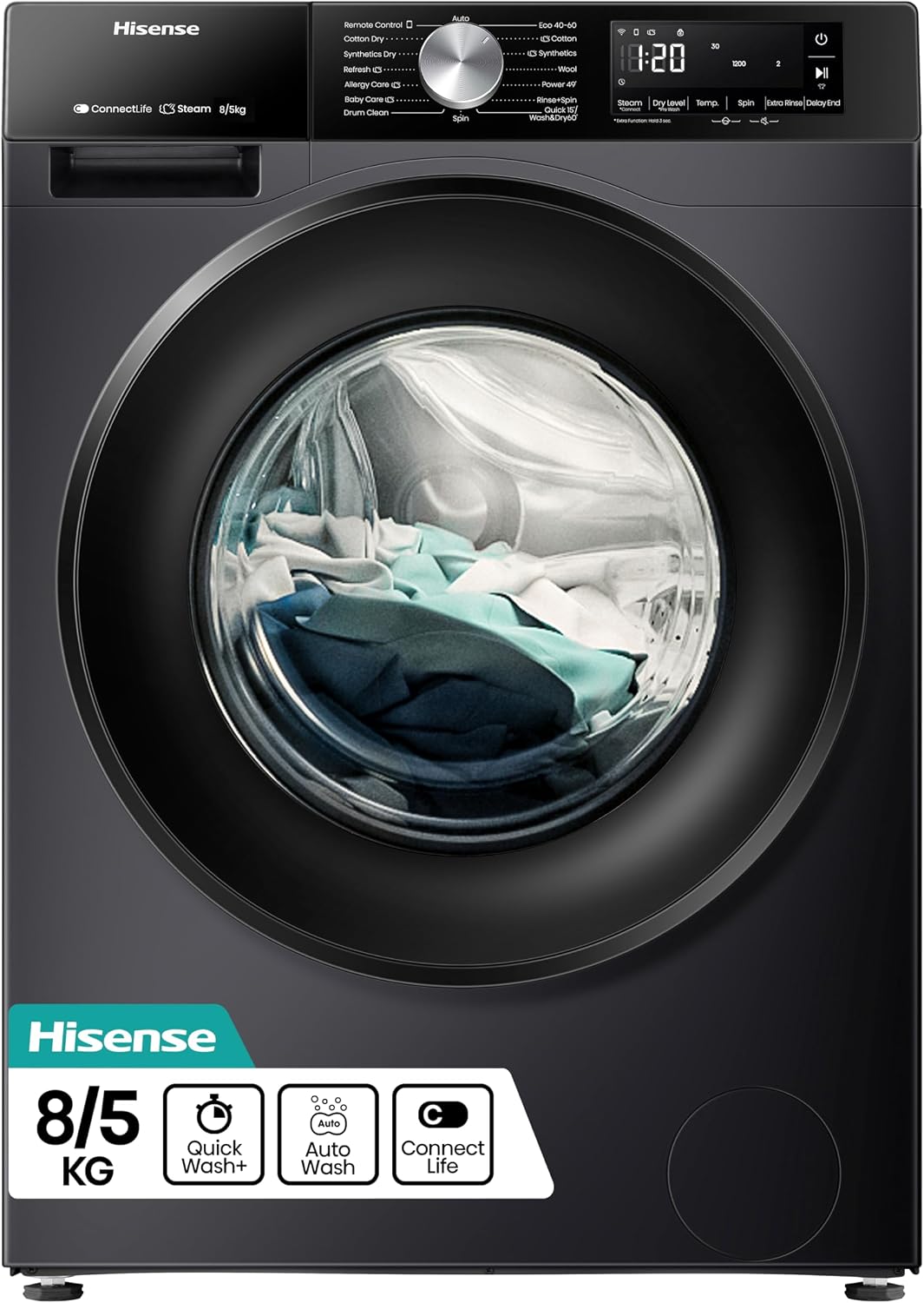 Hisense 3S Series WD3S8043BB3 Wifi Connected 8Kg and 5Kg Washer Dryer with 1400 rpm - Black - A-D Rated