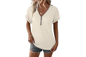 Gemulate Womens Tops Short Sleeve Zipper Tshirts Blouses Ladies Knit Solid Casual Spring Summer Tunic S-XXL
