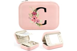 TARKLANDA Portagioie con Iniziale, Piccolo Portagioie da Viaggio con Lettera e Fiore, Scatola Gioielli con Specchio, Scatola Portaoggetti Gioielli, Regalo per Ragazza Donne, Regalo di Compleanno, Natale (C)