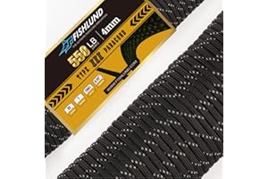 FISHLUND Odblaskowa linka spadochronowa 550 funtów, 7-żyłowa lina spadochronowa typu III, 100 stóp, 4 mm, nylonowa linka spadochronowa do biwakowania, Czarny