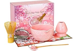 GARQITWAN Zestaw matcha różowy, 7-częściowy zestaw do herbaty z miotłą, miską z dzióbkiem, sitkiem, chusteczką herbata, uchwytem na miotłę z ceramiki i łyżką do herbaty