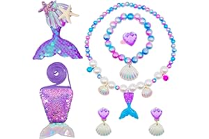 Cuackamily 7Pcs Girls Jewelry Set, Mermaid Jewelry Set, Kids Jewelry Toys Kit, Children Jewelry Candy Mermaid Tail Handbag Necklaces Earrings Ring, Princess Costume Play Dress Up Party Birthday Gifts