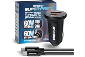 PORTENTUM Dual Simultaneous Car Charger 60W - 60W USB Type-C Cable Fast Charging - Car Battery Charger Mobile Phone - USBC PD 30W + USBA QC 30W - For iPhone iPad Android