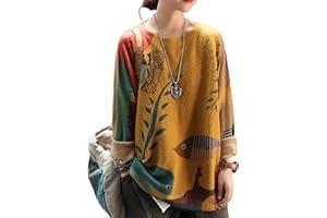 Janein Damen Pullover Oversize Lang Strickpullover Herbst Winter Rundhals Sweater mit Blumenmuster Weihnachtspullover JS01DE