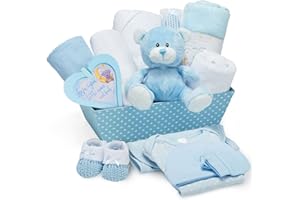 BABY BOX SHOP Set Regalo Neonato Maschio - Regalo Neonato e Baby Shower con Scatola Blu con Grazioso Orsacchiotto, Scarpine, Body, Bavaglino, Cappello, Coperta, Asciugamano con Cappuccio e Placca Decorativa