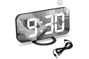 U-PICKS Despertador, Reloj Despertador Digital, Espejo Reloj Despertador, Siesta, 3 Modos de atenuación, 2 Puertos de Carga USB Despertador, Relojes de Mesa para la decoración del Dormitorio del hogar-Negro