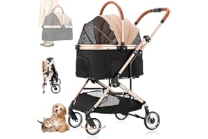 LPOTIUS Hundebuggy Faltbar, 3 in 1 Hundewagen mit Abnehmbarer Reisesitz Haustier Kinderwagen Hundebox Klappbar, Haustiere Buggy Geeignet für kleine Hunde und Katzen unter 20 kg (Khaki)