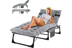 MOPHOTO Lettino prendisole pieghevole per giardino con materasso, schienale e gambe regolabili, portatile, per interni ed esterni, sedia a sdraio pieghevole per abbronzatura al sole, perfetta per