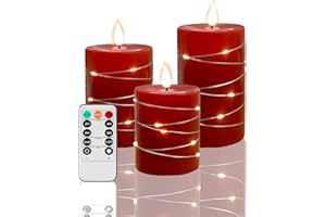 Fanzir Candela rossa senza fiamma con stringa LED Candela cilindrica 10cm 12.5cm 15cm Candela con telecomando, set di 3