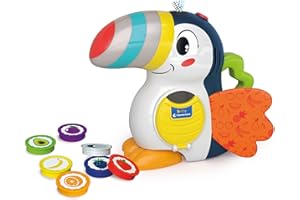 Clementoni Baby Giuliano Il Tucano, Centro attività Prima Infanzia per Bambini 12+ Mesi, 2 modalità di Gioco per Imparare Parole e Colori, con 7 Gettoni Frutta, Luce Notturna, Lingua Italiana, 17956