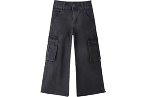 KIDSCOOL SPACE Big Girls' Cargo Jeans with Flap Pocket, Wide Leg and Split Hem Boyfriend Denim Trousers,Black,4-14 Years
