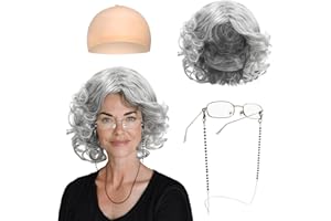 FUIPVGI Ensemble de déguisement pour vieille femme, ensemble de perruque grise avec perruque grand-mère, lunettes avec chaîne et kit d'accessoires pour grand-mère, bonnet de perruque pour Halloween,