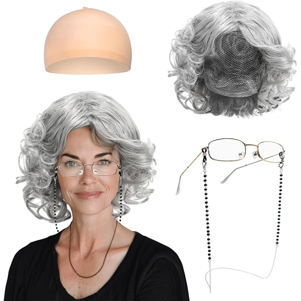 LumenVela Déguisement Vieille Dame, 8 Pièces Kit de Deguisement Grand Mere avec Grise Perruque, Lunettes, Ronde Collier Perle Kit de Deguisement Grand Mere pour Carnaval (Rose, L