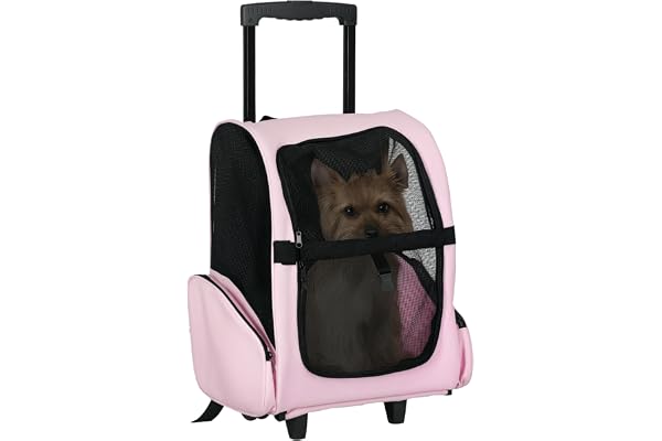 PawHut Sac de Transport à roulettes pour Chien 2 en 1 Trolley Chariot Sac à Dos pour Chien Chat avec poignée téléscopique, Sacs de Rangement, aérations, Attache de sécurité, 42 x 25 x 55 cm, Rose