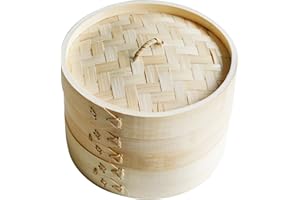 CAPACITEA Bamboo Steamer 2 Tier Ø20cm (8") Food Steamer Basket for Dim Sum, Vegetable, and Bao Buns