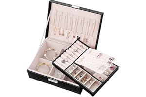 Januts Jewellery Box Organiser for Girls Women PU Leather Travel Jewelry Storage Case 2 Layers Large Portable Lockable Jewellery Case with Removable Tray for Rings Earrings Necklace Bracelets, Black
