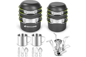 Odoland 16 pez Set di Pentole per Stoviglie da Campeggio incl. 2 x Campeggio Padella, 2 x Pentola Campeggio, Fornello da Campeggio e 2 x Tazza Campeggio - Gavette Campeggio Kit