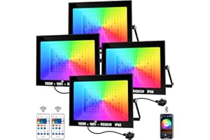NATPOW RGB Floodlights, Flood Lights 100W Colour Changing LED Security Lights Outdoor with Remote&APP Control, IP66 Waterproof LED Wall Light for Garden Landscap, Hallowen Stage Decoration(4Packs)