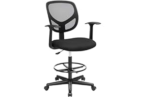 SONGMICS Silla de Malla Giratoria, Altura y Reposapiés Regulables, Silla de Dibujo Ergonómica, Silla de Oficina con Reposabrazos, Asiento de Tela, Carga máxima de 120 kg, Negro OBN25BK