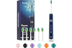7AM2M Sonic Electric Toothbrush with 6 Brush Heads for Kids and Children, One Charge for 90 Days, Wireless Fast Charge, 5 Modes with 2 Minutes Build in Smart Timer, Electric Toothbrushes(Navy Blue)