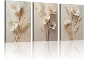 WENGTIAO 3 Pezzi Stampa su Tela Floreale Beige Bianca Con Cornice Quadro su Tela Moderne Minimaliste Fiori Pittura Quadro Moderno Soggiorno Camera da Letto Decorazioni Parete 30x40cmx3