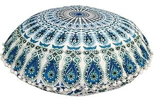 Stylo Culture Indisch Dekorativ Rund Bodensitzkissen 80 x 80 cm Groß Bodenkissenbezug Boho Mandala Blau Bohemien Pom Pom Spitze Sofa Sitzkissen Baumwolle Pfauenfeder Bodenkissen Kinder Rund