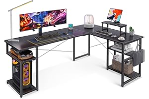 ODK Mesa Gaming con Estanteria, Escritorio Gaming con Soporte para Monitor, Escritorio Esquinero Negro 168×120 cm