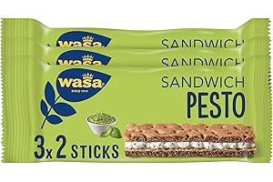 ‎WASA Wasa Knäckebrot Sandwich Pesto 3x37g (111g) I Knäckebrot-Snack aus Weizenmehl mit einer Füllung aus Käse und Basilikum-Pesto, perfekt für unterwegs