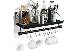 Alsonerbay Kitchen Shelf Wall Mounted Wood Floating Wall Shelves with Hooks Rustic Shelf with Towel Bar for Bathroom, Bedroom, Living Room Black