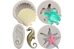 MYPRACS Set di 4 stampi in silicone a forma di conchiglia, stella marina, tartaruga marina, cavalluccio marino, fondente, pasta di gomma, topper per cupcake, caramelle, cioccolato, argilla polimerica
