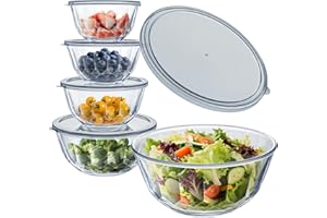 WhiteRhino Saladiers en Verre avec Couvercles, Lot de 5 (0,8L, 1,05L, 1,6L, 2,7L, 4,45L), Grand Bol à Salade Motif Diamant & Couvercles Gris Transparents,Bols Empilables pour Préparer, Cuisiner