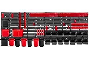 KADAX Étagère d'atelier, 116 x 39 cm, en plastique robuste, système de stockage résistant aux UV, plaques murales extensibles, atelier ou jardin (rouge et noir, 46 pièces)
