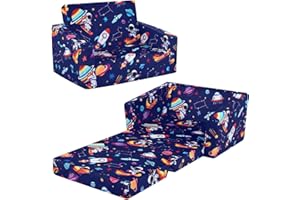 Decalsweet Kids Sofa Bed,2-in-1 Flip Out Kids Couch,Folding Toddler Chair with Pocket,Convertible Chair to Lounger,Birthday Gift for Children Boys,Astronaut