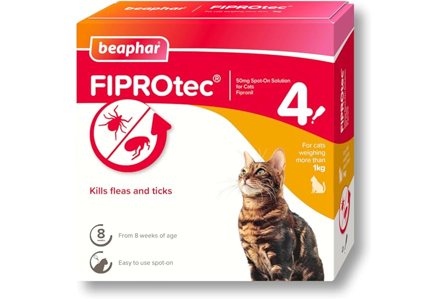 Beaphar - FIPROtec Spot-On Flea & Tick Treatment for Cats - 4 Pipettes - Kills Fleas & Ticks - Veterinary Medicine - Easy to Apply Monthly - For Cats & Kittens from 8 Weeks Old, Weighing Over 1kg