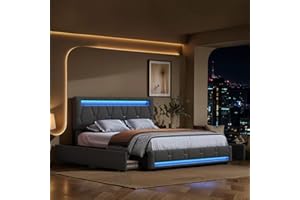 BRILVERDE Letto imbottito 140x200 con Contenitore, letto matrimoniale con LED, con cassetti, Funzionale con testiera, Struttura letto con rete a doghe, Lino (Grigio, 140 x 200 cm)