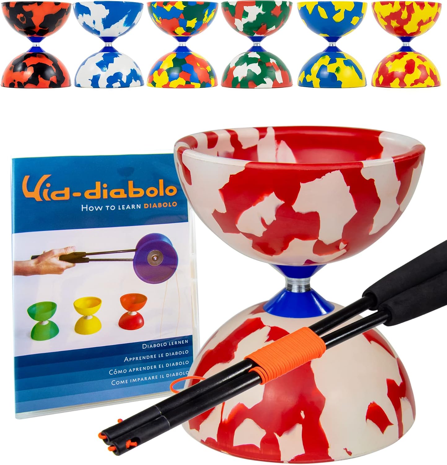 Juggle Dream Jester Diábolo Set para Malabares - Diábolo con Eje Fijo con Palos de Fibra y Vídeo de Aprendizaje en Línea (Rojo/Blanco)