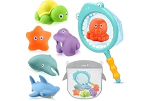 BITOYO Giochi Bagnetto 8 Pezzi Giocattoli da Bagno per Bambini, Giochi Bagnetto Neonato, Giochi Vasca da Bagno Bambini Giochi Acqua Bagnetto Animali Giocattolo con Rete da Pesca e Borsa Portaoggetti