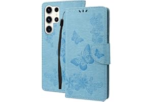 LEMORRY Cover per Samsung Galaxy S23 Ultra, Custodia Pelle Cuoio Flip Portafoglio Borsa Sottile Protettivo Magnetico Chiusura Morbido Silicone TPU Custodia per Samsung S23 Ultra, Farfalla Blu