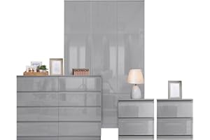 Blisswood High Gloss 4 Piece Bedroom Set With 3 Door Wardrobe & 8 Drawer Chest of Drawer + 2 Drawer 2 Bedside Table Cabinet Bedroom Furniture Set for Bedroom Storage furniture (Grey)