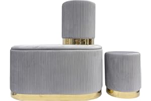 IlGruppone Set 3 Pouf in Velluto – Panca Contenitore Grande con Cuscino 42x80 cm + 2 Pouf Piccoli 29x35 cm, Design Moderno Elegante, Poggiapiedi e Seduta Aggiuntiva - Grigio