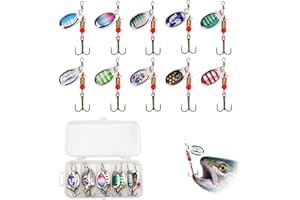 KCLKDA 10Pcs Spinner Bait Sets, Multi Colored Metal Fishing Spinners Lures Fishing Lures with Rotating Spinners and Treble Hooks Artificial Bait for Trout Pike Bass Salmon Freshwater and Saltwater Use