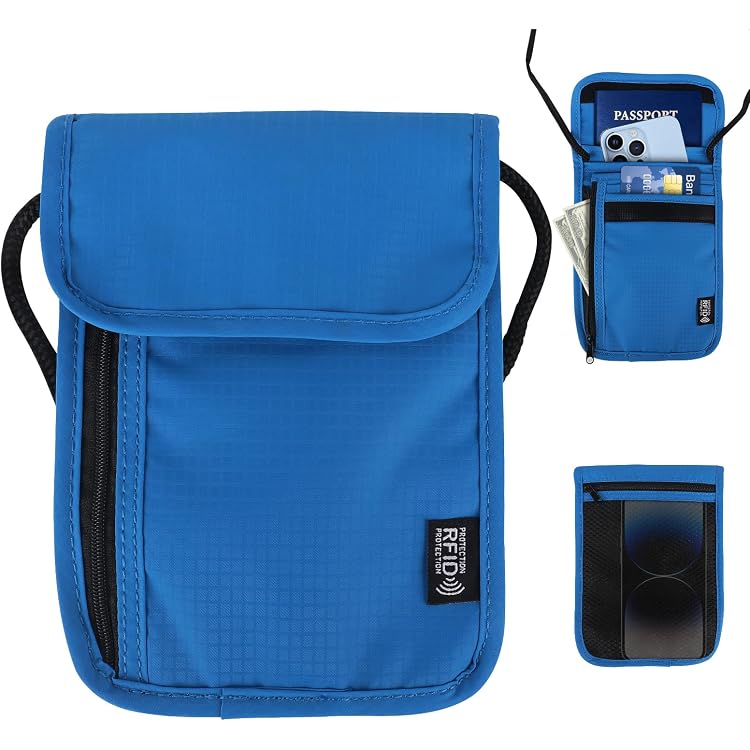 Pochette Tour De Cou Anti-RFID - Tissu Oxford Imperméable - 7 Poches - Pour Passeport, Smartphone, Cartes