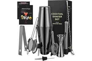 DOUUP 11 Pièces De Cuivre Boston Shaker Set Pour Les Barmans Ou Mixologists - Home Bar Set Accessoires, Acier Inoxydable Mixologie Barman Kit Avec Shakers, Crépines, Jigger, Pour Cocktails Muddler,Noir