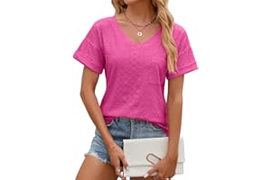 EDOTON Damska koszulka z krótkim rękawem, dekolt w serek, na co dzień, na lato, jednolite rękawy z bąbelkami, luźna koszulka dla kobiet, czarny