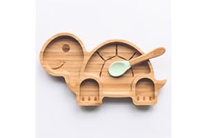 Moon and Moo Ensemble assiette et cuillère à ventouse en bambou pour enfants, tout-petits et bébés – Non toxique – Sans plastique – Reste en place – Assiette à ventouse pour bébé – Ensemble de sevrage