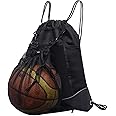 Funito Drawstring Basketball Backpack for Boys, Foldable Soccer Backpack Gym Bag Sackpack Sports Sack with Detachable Ball Mesh Bag for Volleyball Baseball Yoga, Black