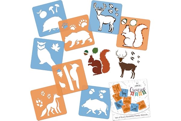 NAKLEO Pochoirs de Dessin pour Enfants 8 Pcs 15x15cm Animaux des Forêts, Plastique et Réutilisable Créatif Modèles pour Peinture, DIY Bricolage Décoration Arts et Artisanat, Papier Mur Bois Tissu