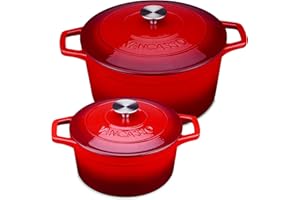 vancasso Pentola Ghisa Set,2 Pezzi Set Pentola Pane Induzione Ø 22cm/2L, 28 cm/6L, Pentole in Ghisa per Stufati, Casseruola in Ghisa con Coperchio per Piani Cottura a Induzione e Fornelli Vari, Rosso