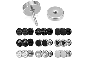 ValueBargain 9 Pairs of Men's Earrings Silver Black Stainless Steel Earrings Set, Round Screw Dumbbell Stud Earrings, Faux Gauges Ear Plugs, 8 mm for Men Women